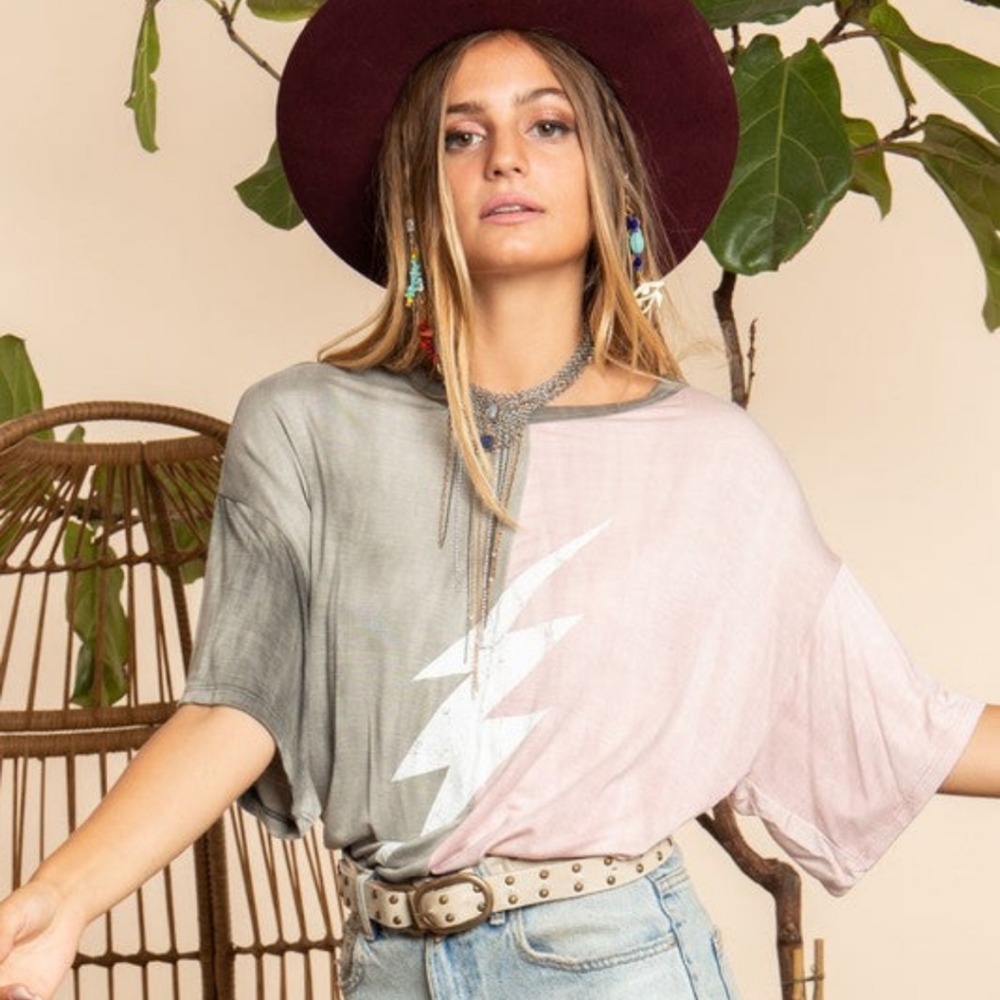 Oversized Distressed half and half Lightning Graphic Tee